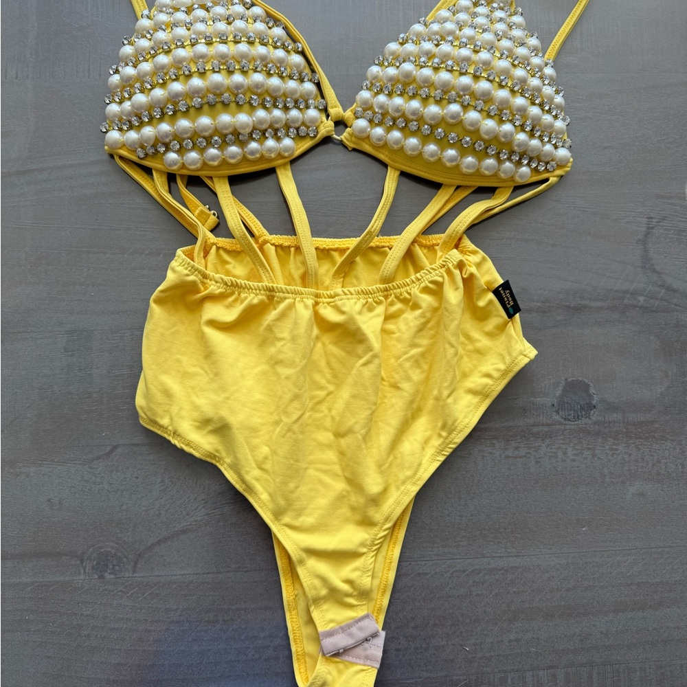 Yellow Pearl Embellished Swimsuit